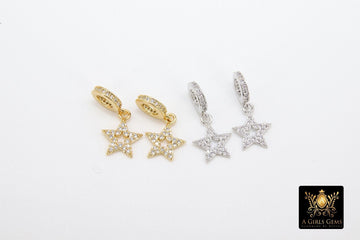 CZ Gold Star Charm with Rings, 2 Pc Silver Star Slide Spacer Circle Silver #2618, Rose Large Big Hole Dangle